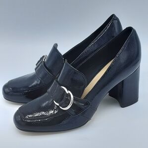 Marc Fisher Caila Black Faux Patent Leather Block Heel Vintage Inspired.